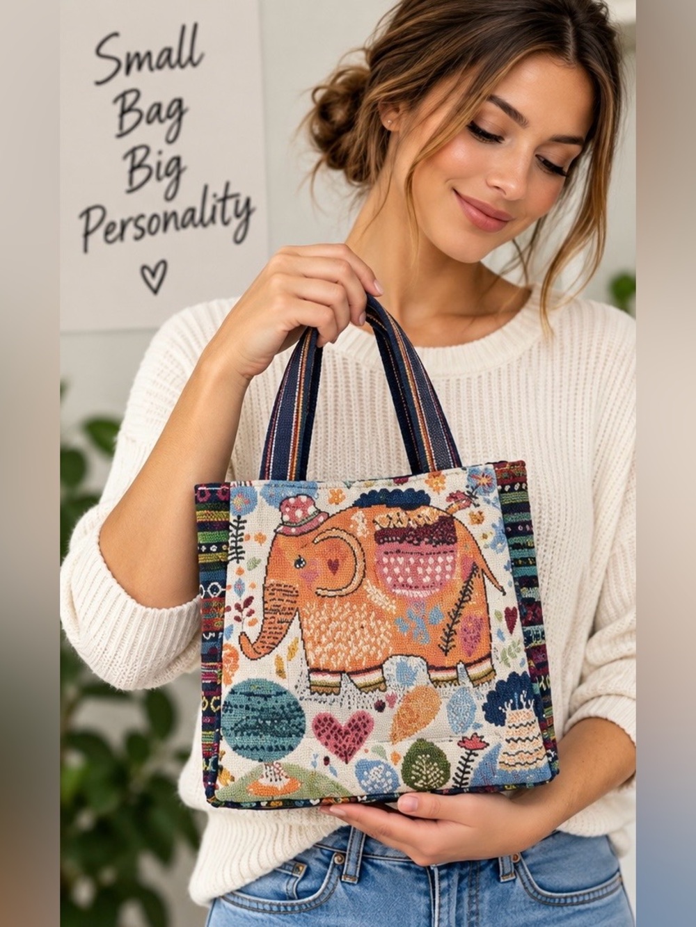 Elephant Tapestry Tote Bag Boho Folk Art Woven Shoulder Bag NWOT